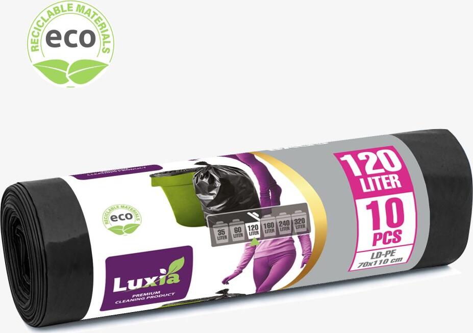Pungi pentru gunoi Luxia cu urechi, din polietilena HD-LD, pungi rezistente pentru colectarea reziduurilor, 120 L, 10 buc