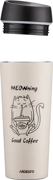 Ardesto AR2645WC Coffee Time Meowning Thermal Mug, 450ml, Stainless Steel, Button-Valve Opening, Heat Retention 8h, Cold Retention 16h, Beige