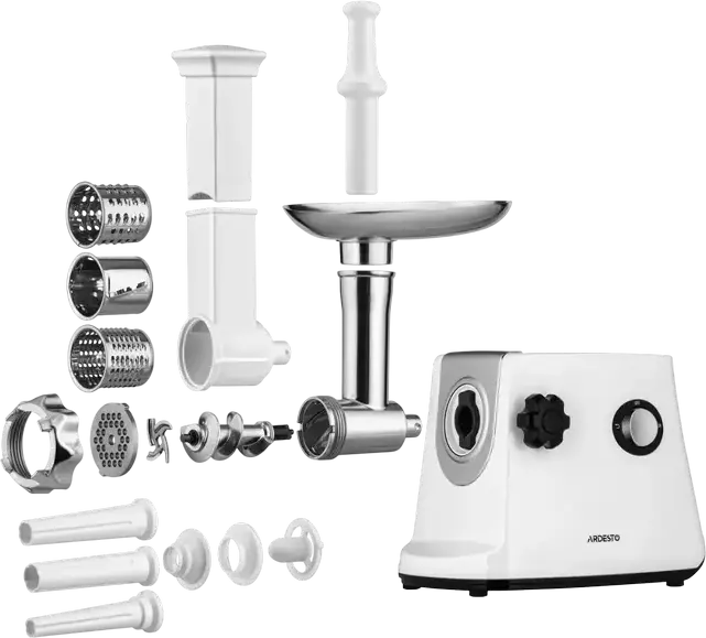 Ardesto MGA-1750R Electric Meat Grinder, 1600W Max Power, 1.6 kg/min Capacity, Reverse Function, 3 Grinding Plates, White and Stainless Steel