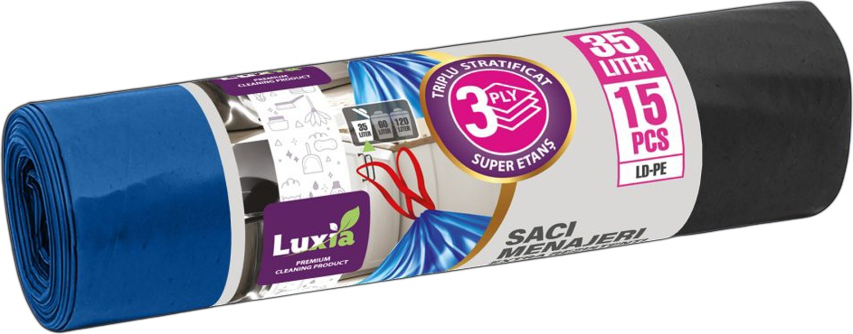 LUXIA Pungi p/u gunoi Extra rezistenti cu legaturi 35 L 15 buc. LUX-4060  /30