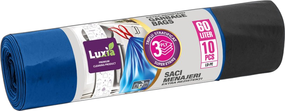 LUXIA Pungi p/u gunoi Extra rezistenti cu legaturi 60 L 10 buc. LUX-4061  /30