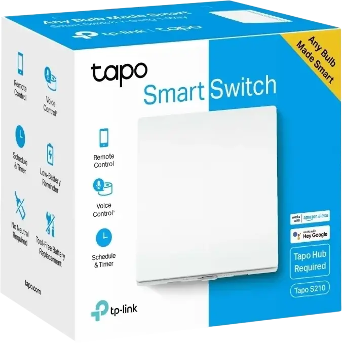 Умный выключатель TP-Link Tapo S210, 1-клавишный, без нулевого провода, голосовое управление Alexa и Google Assistant, белый
