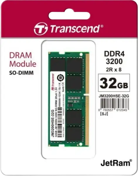 Memorie RAM Laptop Transcend JetRam JM3200HSE-32G 32GB DDR4 3200MHz PC4-25600 CL22 1.2V SO-DIMM 260-Pin Dual-Rank Unbuffered Non-ECC