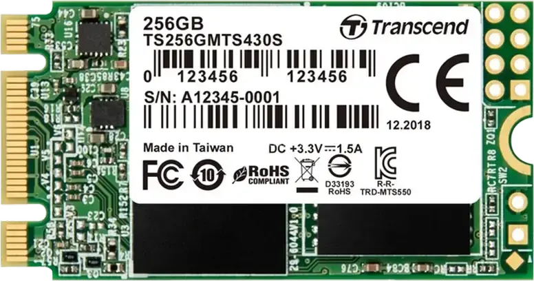 SSD Transcend 430S 256GB M.2 2242 SATA III 6Gb/s, 3D NAND TLC, Citire pana la 530MB/s, Scriere pana la 400MB/s, Cache DDR3 DRAM, TS256GMTS430S