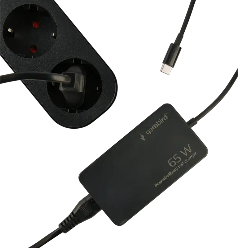 Incarcator rapid Gembird NPA-AC-PDQC65-01 GaN USB Type-C 65W PD3.0 QC4.0+ cu Cablu Integrat 2.4m, Negru
