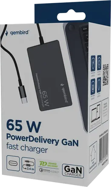 Incarcator rapid Gembird NPA-AC-PDQC65-01 GaN USB Type-C 65W PD3.0 QC4.0+ cu Cablu Integrat 2.4m, Negru
