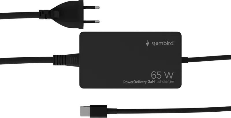 Incarcator rapid Gembird NPA-AC-PDQC65-01 GaN USB Type-C 65W PD3.0 QC4.0+ cu Cablu Integrat 2.4m, Negru