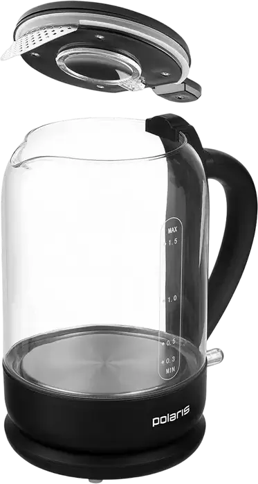 Электрический стеклянный чайник Polaris PWK 1759CGL, 1.5 л, 2150 Вт, LED-подсветка, боросиликатное стекло и сталь, база 360°, защита от выкипания