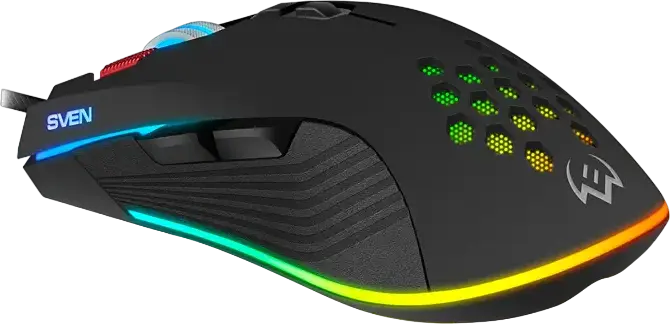 Mouse Gaming Optic cu Fir SVEN RX-G850, Rezolutie 6400 DPI Reglabila, 7 Butoane, Macro Programabile, Iluminare RGB, Corp Metalic, Negru