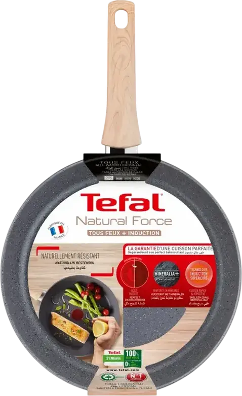 Сковорода Tefal Natural Force G2660672 28 см, алюминий с антипригарным покрытием Mineralia+, индикатор Thermo-spot, для всех типов плит включая индукцию, серая