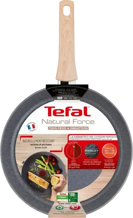 Сковорода Tefal Natural Force G2660672 28 см, алюминий с антипригарным покрытием Mineralia+, индикатор Thermo-spot, для всех типов плит включая индукцию, серая