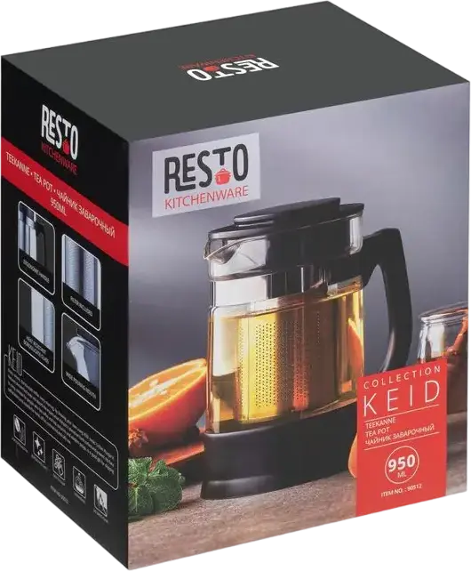 Resto 90512 Keid Borosilicate Glass Teapot with Stainless Steel Infuser, 0.95L, Heat-Resistant Glass Tea Maker, Black