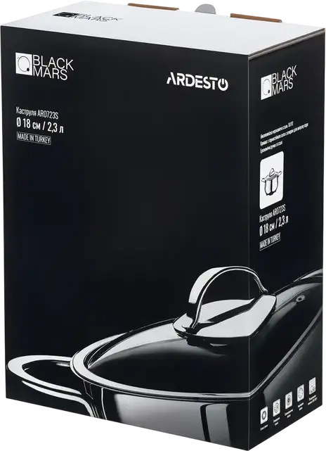 Ardesto AR0723S Black Mars Stainless Steel 18/10 Saucepan, 2.3L Pot with Glass Lid, 18cm Diameter, Induction Compatible, Chrome Satin Finish