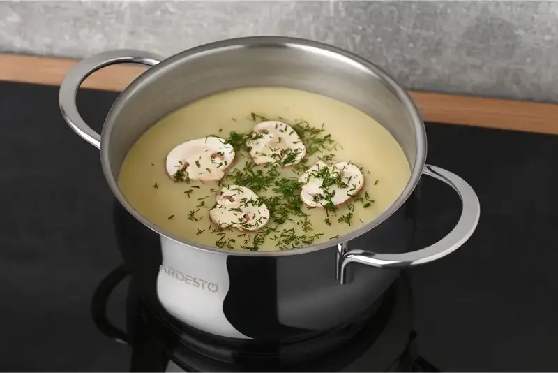 Ardesto AR0723S Black Mars Stainless Steel 18/10 Saucepan, 2.3L Pot with Glass Lid, 18cm Diameter, Induction Compatible, Chrome Satin Finish