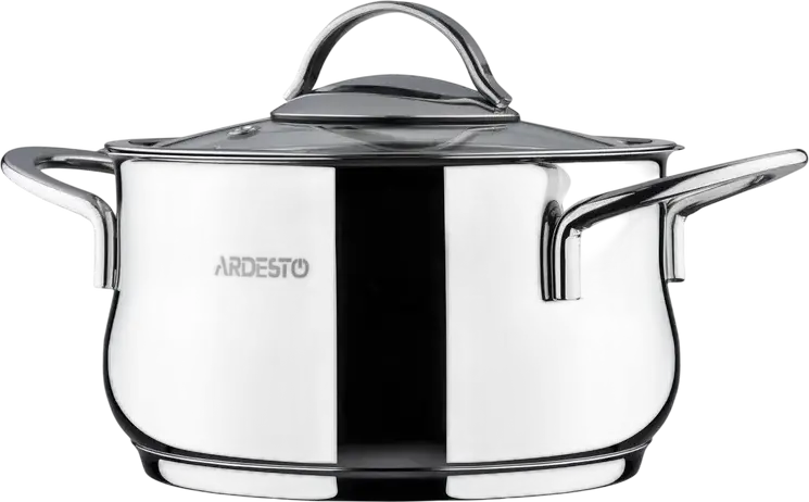 Ardesto AR0723S Black Mars Stainless Steel 18/10 Saucepan, 2.3L Pot with Glass Lid, 18cm Diameter, Induction Compatible, Chrome Satin Finish