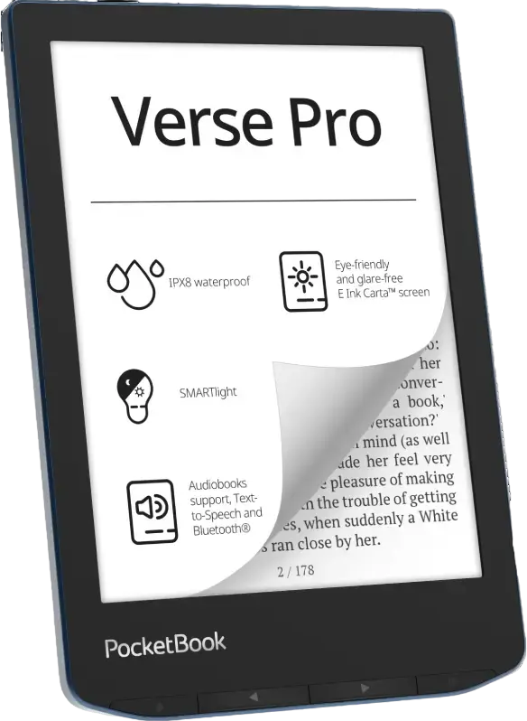 PocketBook Verse PRO 634 E-reader, Azure, 6-inch E Ink Carta 1200 Display, 300 PPI, 16GB Storage, IPX8 Waterproof, SMARTlight, WiFi, Bluetooth, Page-turn Buttons