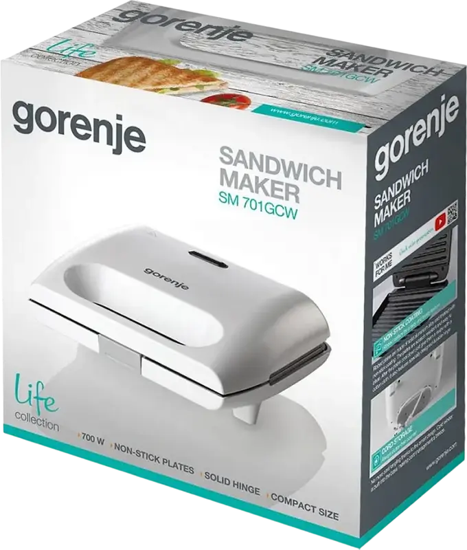 Sandwich Maker Mini Grill Gorenje SM701GCW, 700W, Plate Non-stick, 2 Portii, Alb, Life Collection