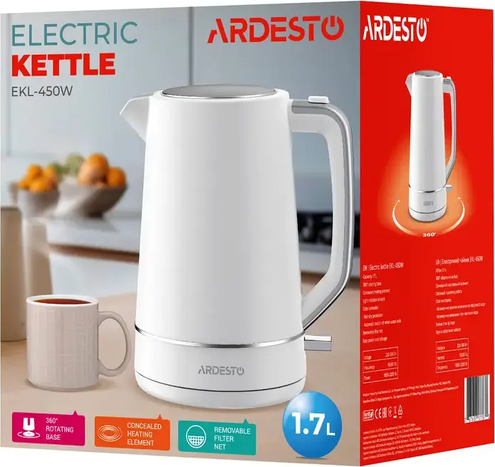Fierbător electric Ardesto EKL-450W, Capacitate 1.7L, Putere 2200W, Corp din Plastic, Element de Incalzire Ascuns, Protectie Impotriva Fierberii uscate, Alb