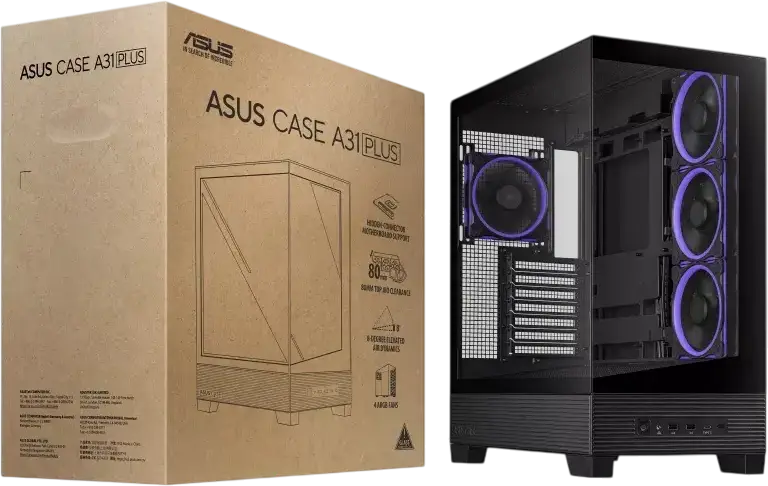 ASUS A31 PLUS TG ARGB Mid Tower ATX Case, Black, Tempered Glass Panoramic Side Panel, 4x ARGB Fans, 360mm Radiator Support, 380mm GPU Max, ATX/mATX/ITX