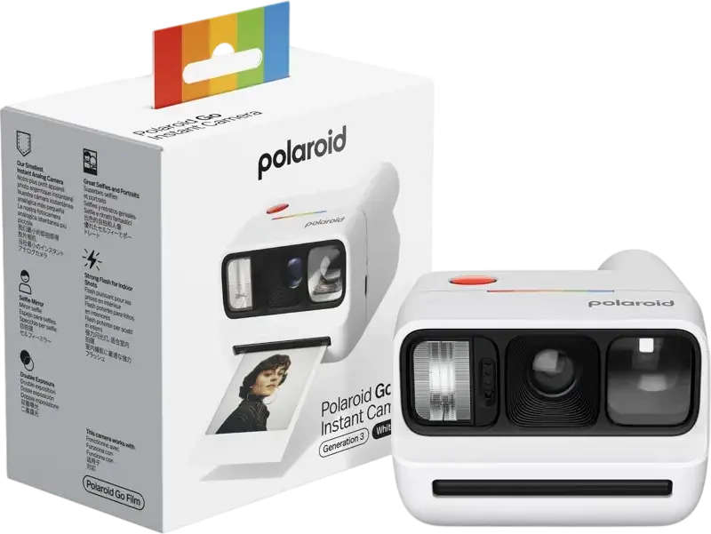 Polaroid Go Generation 3 Instant Camera, White, 63.75mm Lens, Xenon Flash, Selfie Mirror, Self-Timer, Double Exposure, USB Type-C