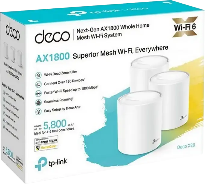 Sistem Mesh Wi-Fi 6 TP-Link Deco X20 AX1800, Dual-Band 1800 Mbps, MU-MIMO, OFDMA, Securitate WPA3, AI-Driven Mesh, Compatibil Alexa, Alb