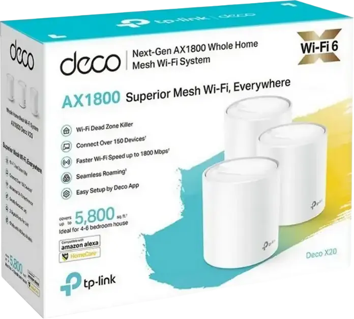 Sistem Mesh Wi-Fi 6 TP-Link Deco X20 AX1800, Dual-Band 1800 Mbps, MU-MIMO, OFDMA, Securitate WPA3, AI-Driven Mesh, Compatibil Alexa, Alb