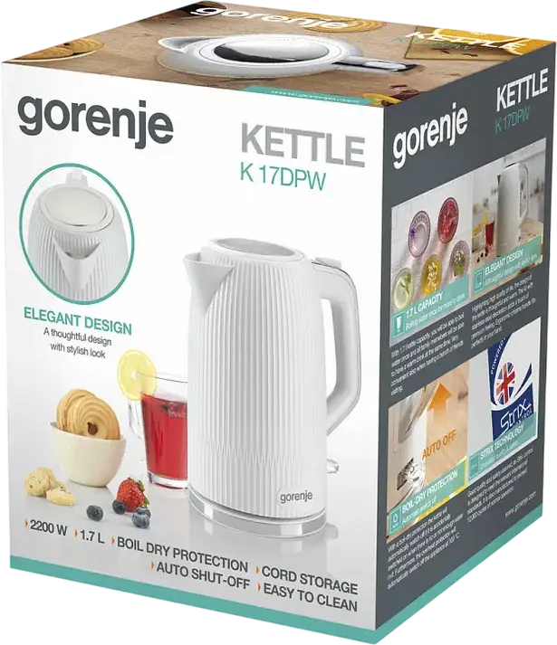 Gorenje K17DPW Electric Kettle, 1.7L, 2200W, Plastic Housing, White, Strix Technology, Anti-calc Filter, 360 Degree Base, Boil-dry Protection