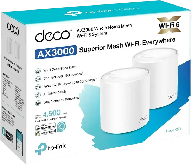 Sistem Mesh WiFi 6 TP-Link Deco X50 AX3000 Whole Home, Dual-Band Gigabit, Viteza 3.0 Gbps, Acoperire pana la 420 m2, Securitate HomeShield, 3 Porturi Gigabit