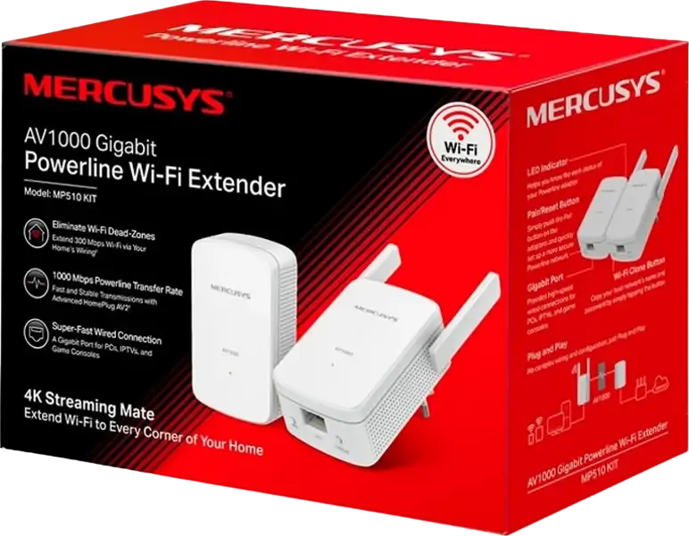 Mercusys MP510 KIT AV1000 Gigabit Powerline Wi-Fi Extender Kit, 1000 Mbps Powerline, 300 Mbps Wireless, HomePlug AV2, Gigabit Ethernet Port, White
