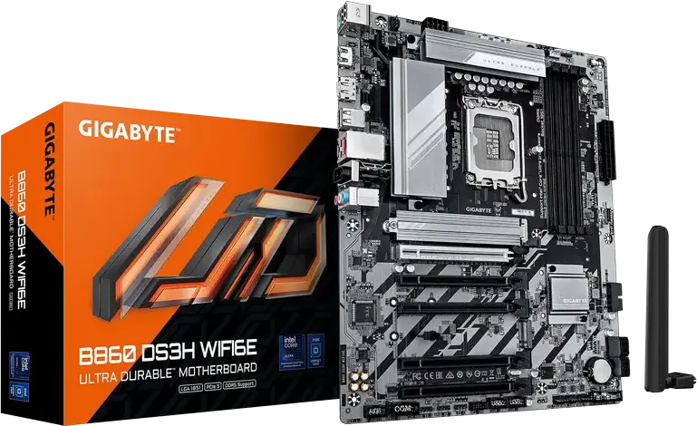 Gigabyte B860M DS3H WIFI6E Motherboard, LGA1851 Socket, Intel B860 Chipset, DDR5 9066MHz OC, ATX, PCIe 5.0, M.2 Gen5, Wi-Fi 6E, Bluetooth 5.3