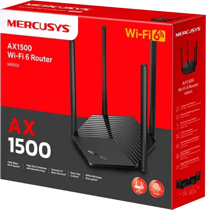 Роутер Mercusys MR60X AX1500 Dual-Band Wi-Fi 6, 1500 Мбит/с, 4 фиксированные антенны, MU-MIMO, OFDMA, WPA3, EasyMesh, Гигабитные порты, Черный