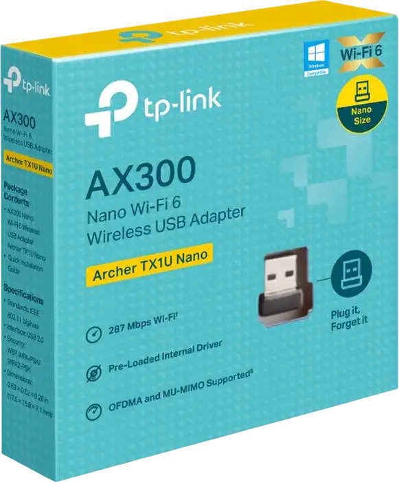 Adaptor USB Wireless TP-Link Archer TX1U Nano AX300 Nano Wi-Fi 6, 287 Mbps, 2.4 GHz, MU-MIMO, OFDMA, Mod AP, USB 2.0, Windows 11/10/7, Linux, Negru