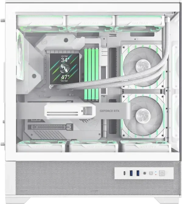 Игровой корпус Gamemax VISTA 2 AB Midi-Tower, закаленное стекло спереди и сбоку, поддержка E-ATX, ARGB вентиляторы, USB-C, PWM хаб, белый