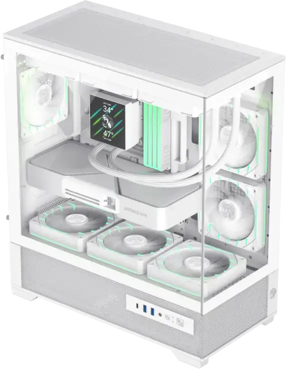 Игровой корпус Gamemax VISTA 2 AB Midi-Tower, закаленное стекло спереди и сбоку, поддержка E-ATX, ARGB вентиляторы, USB-C, PWM хаб, белый