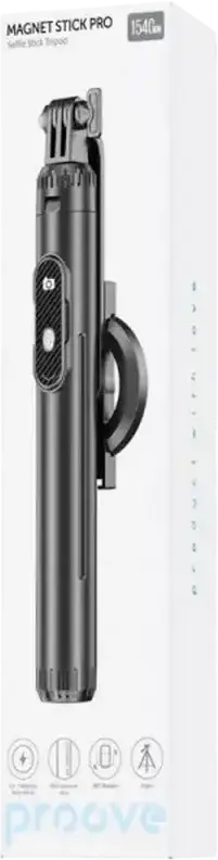Proove Magnet Stick Pro Selfie Stick si Tripod 2-in-1, Prindere Hibrida Magnetica si Mecanica, Telecomanda Bluetooth, Lungime Maxima 1540mm, Aluminiu, Negru