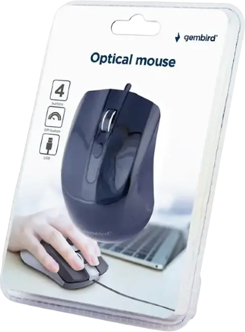 Gembird MUS-4B-01 Wired Optical USB Mouse, Black, 800/1000/1200 DPI Adjustable, 4 Buttons, 1.35m Cable