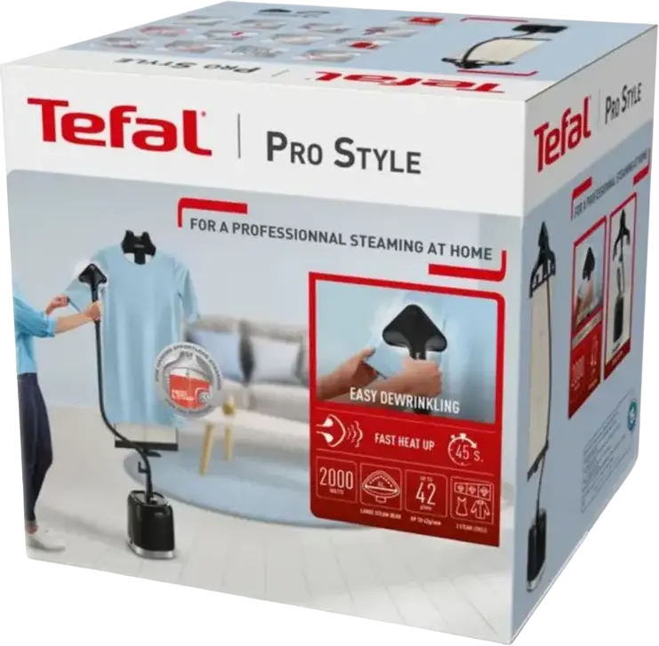 Отпариватель для одежды Tefal Pro Style IT3480E1, 2000 Вт, резервуар 1500 мл, подача пара 42 г/мин, 3 уровня, антинакипин, большой металлический насадкa, черный