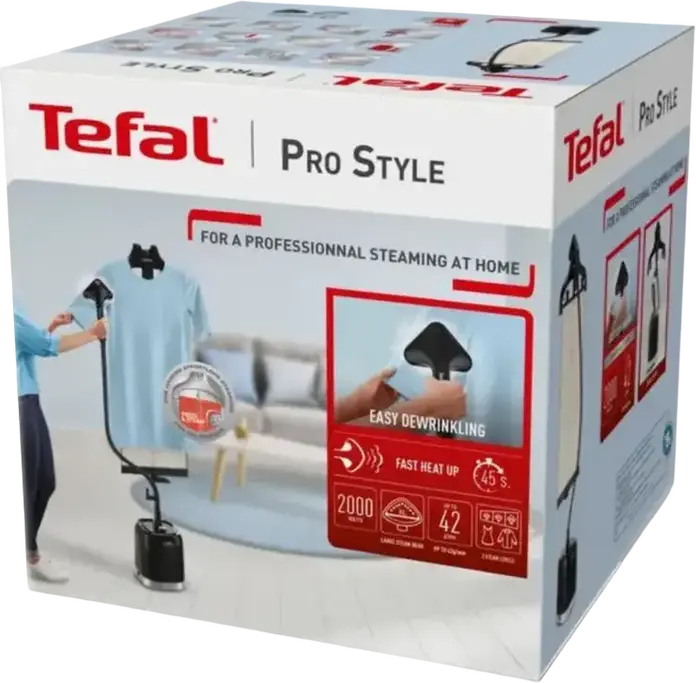 Отпариватель для одежды Tefal Pro Style IT3480E1, 2000 Вт, резервуар 1500 мл, подача пара 42 г/мин, 3 уровня, антинакипин, большой металлический насадкa, черный