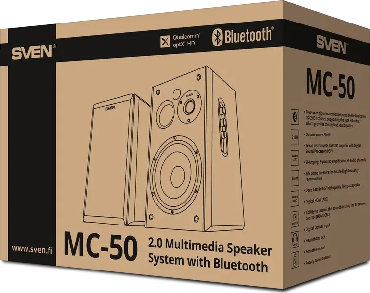 Sistem Difuzoare Multimedia Hi-Fi SVEN MC-50 2.0, 210W RMS, Bi-Amping, Bluetooth aptX HD, HDMI ARC, Optic, RCA, MDF, Negru