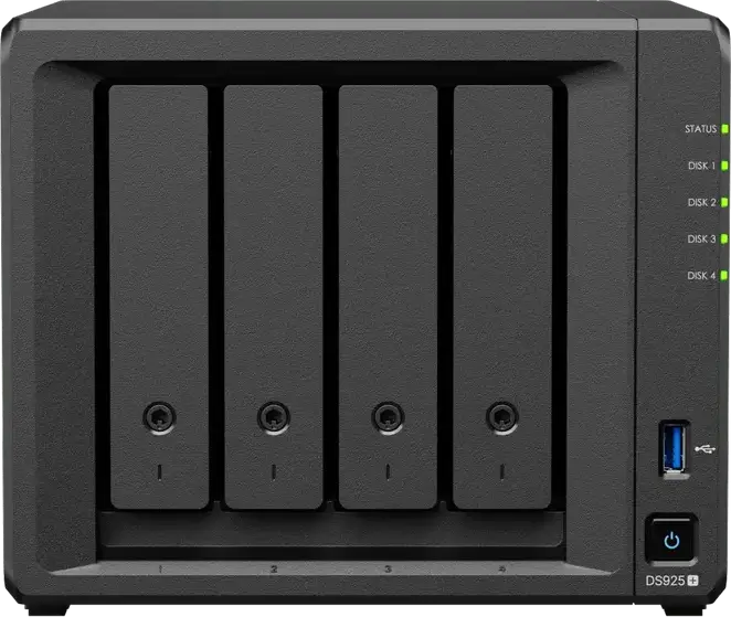Synology DS925+ 4-Bay NAS DiskStation, AMD Ryzen V1500B 4-Core 2.2GHz, 4GB DDR4 ECC RAM, 2x M.2 NVMe Slots, Dual 2.5GbE LAN, USB 3.2 Gen 1, Black