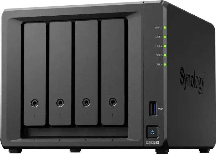 Synology DS925+ 4-Bay NAS DiskStation, AMD Ryzen V1500B 4-Core 2.2GHz, 4GB DDR4 ECC RAM, 2x M.2 NVMe Slots, Dual 2.5GbE LAN, USB 3.2 Gen 1, Black