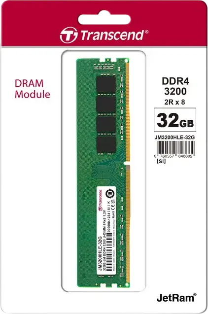 Transcend JetRam JM3200HLE-32G 32GB DDR4 3200 MHz PC4-25600 CL22 1.2V 288-Pin Unbuffered Long-DIMM Dual-Rank 2Rx8 Non-ECC RAM Memory Module