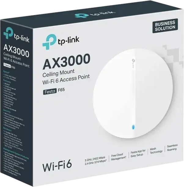 TP-Link Festa F65 AX3000 Ceiling Mount Wi-Fi 6 Access Point, Dual-Band 3.0 Gbps, Gigabit Ethernet, PoE 802.3at, MU-MIMO, OFDMA, Cloud Management, White