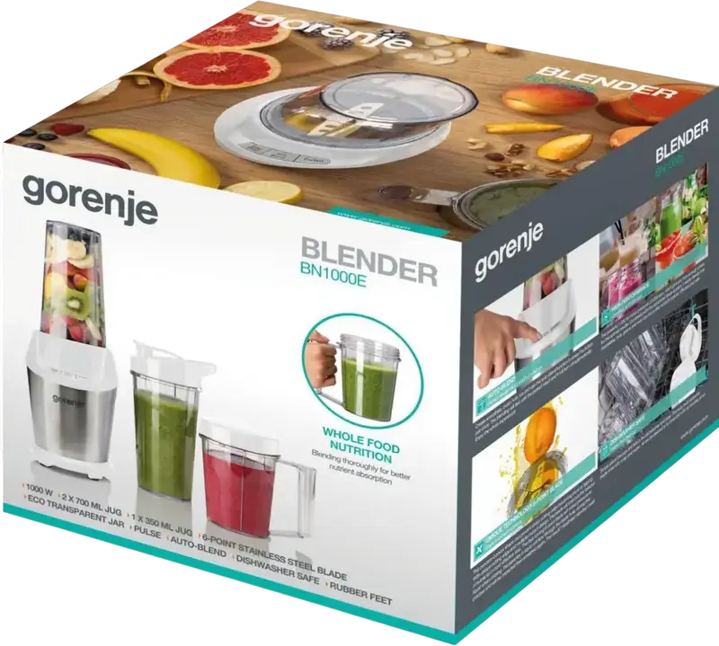 Blender Nutritie Gorenje BN1000E, 1000W, Bol Tritan 0.75L, Lama din Otel Inoxidabil cu 6 Puncte, Cruntare Ghea, Mod Pulse, Otel Inoxidabil si Alb