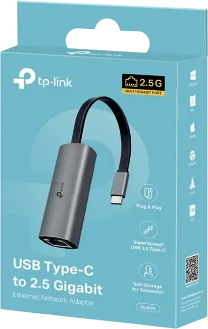 TP-Link UE302C USB Type-C to 2.5 Gigabit Ethernet Network Adapter, 2500 Mbps High Speed RJ45 Port, Plug and Play, Portable Foldable Design, Grey