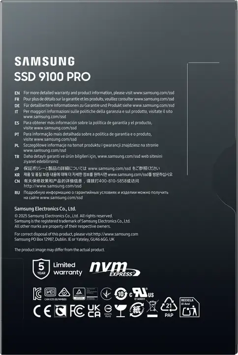 Samsung 9100 PRO 1 TB Internal SSD M.2 2280 PCIe 5.0 x4 NVMe 2.0, Read up to 14,800 MB/s, Write up to 13,400 MB/s, 5nm Controller, Samsung Magician