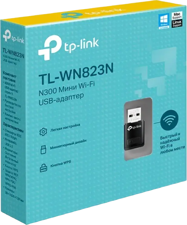 TP-Link TL-WN823N Mini Wireless N USB Adapter, 300 Mbps Wi-Fi, 2.4 GHz, USB 2.0 Interface, Internal Antenna, WPS Support, Windows/Mac/Linux, Black