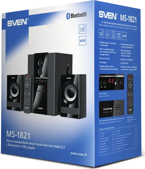 SVEN MS-1821 2.1 Multimedia Speaker System, 44W RMS Power, Bluetooth, FM Radio, USB, SD Card, MDF Wood Case, LED Display, Remote Control, Black