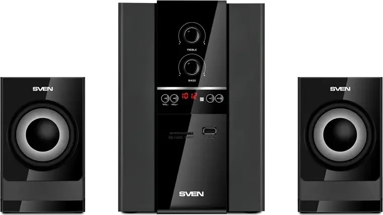 SVEN MS-1821 2.1 Multimedia Speaker System, 44W RMS Power, Bluetooth, FM Radio, USB, SD Card, MDF Wood Case, LED Display, Remote Control, Black