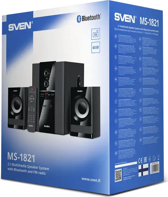 SVEN MS-1821 2.1 Multimedia Speaker System, 44W RMS Power, Bluetooth, FM Radio, USB, SD Card, MDF Wood Case, LED Display, Remote Control, Black